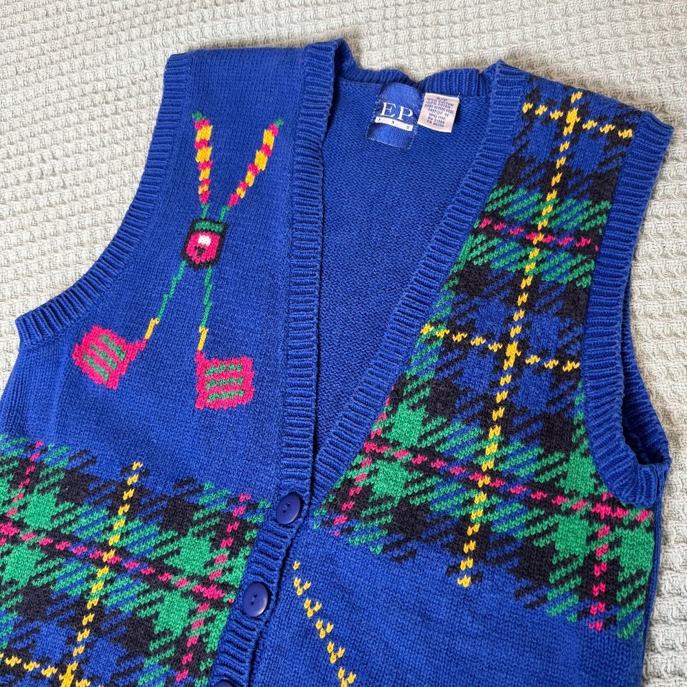 Vintage EP Pro Golf Cardigan Sweater Vest Womens Small Blue Novelty Shirt Top